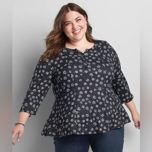 Lane Bryant Floral Henley Fit & Flare Tunic Top 18/20 Black White